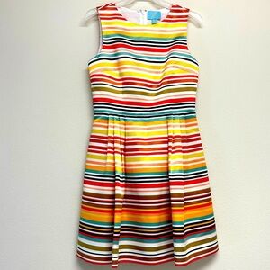 CeCe Cynthia Steffe 6 Fit & Flare Midi Dress Rainbow Sleeveless Zip Lined Pleate